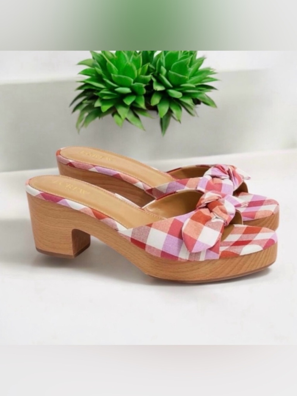 NWT J. Crew Pink & Coral Plaid/Gingham Knot-Front Open-Toe Block Heel Mules